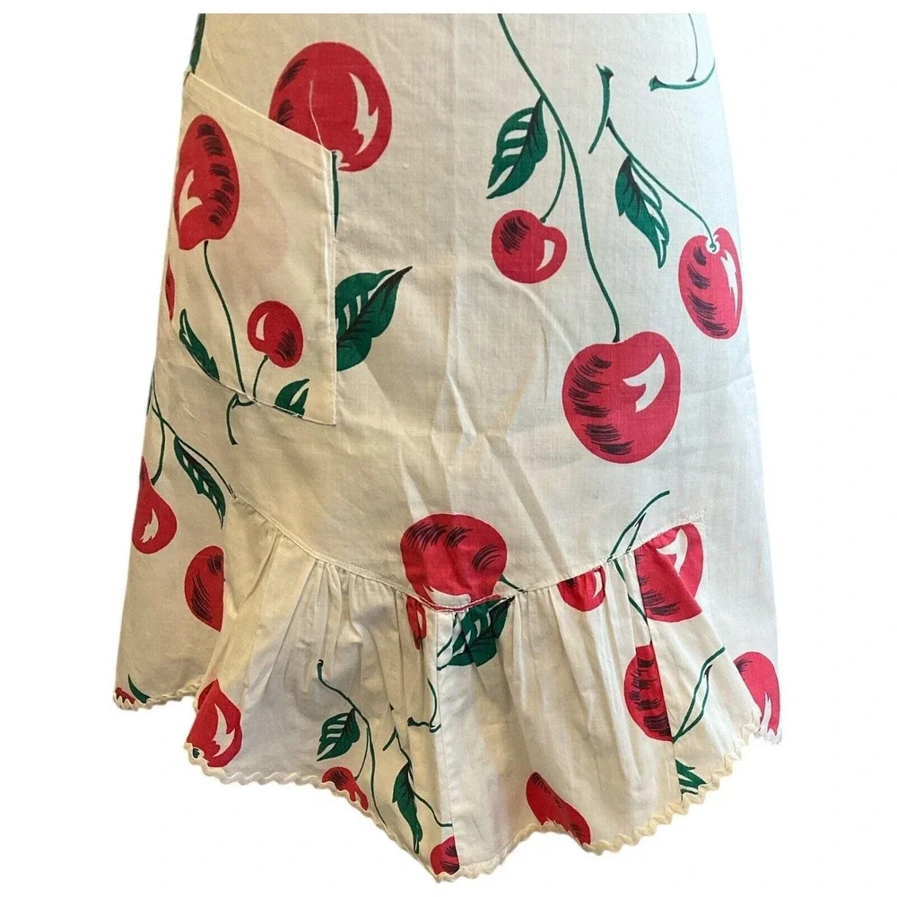 Vintage Apron Handmade Red Cherries on White Slant Pocket Rick‎ Rack Embellished